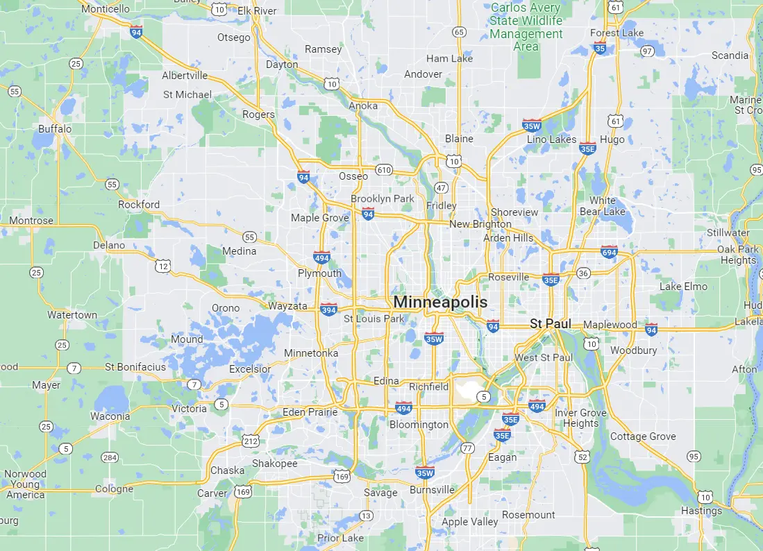 Map showing Minneapolis and surrounding areas